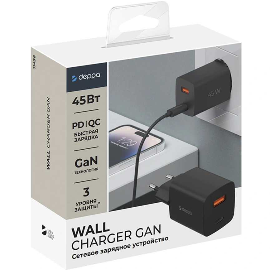 Сетевое зарядное устройство Deppa 45W USB-A/USB-C 11436 Black фото 2
